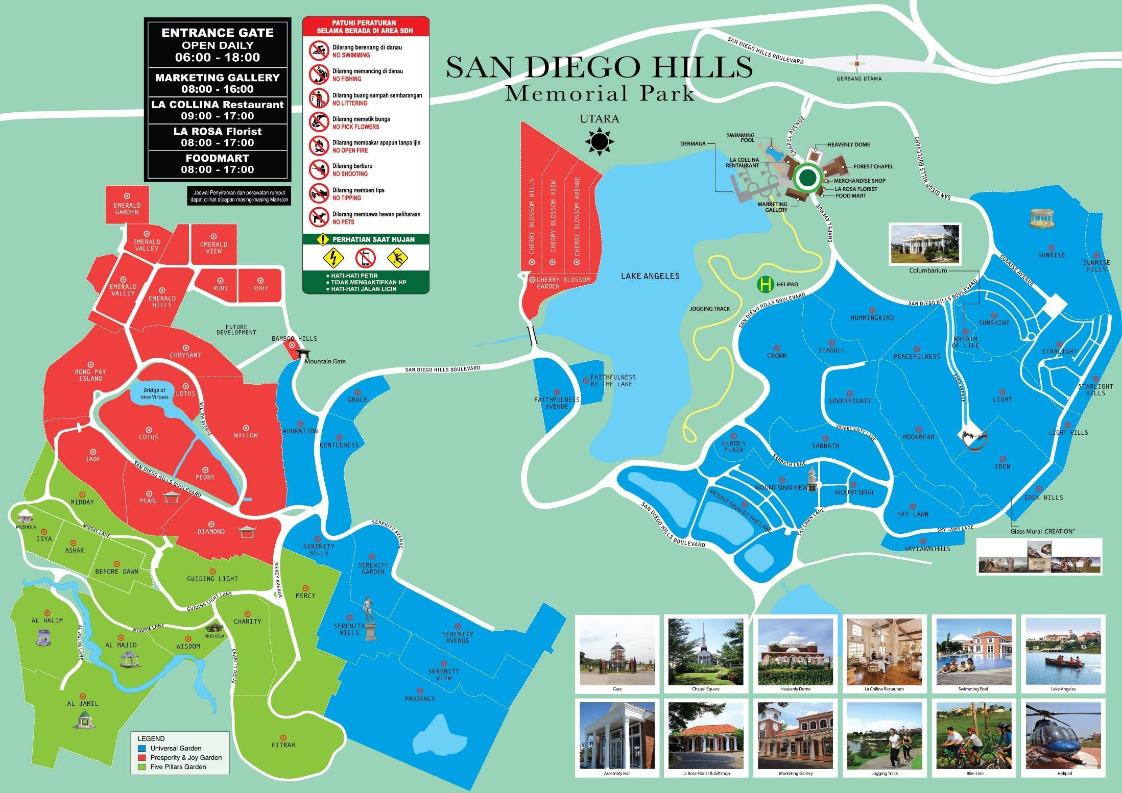 Master plan San Diego Hills Memorial Park dengan zona Universal, Prosperity & Joy, dan Five Pillars Garden